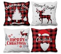 ggaimwf Cushion Covers for Christmas Fir Xmas Tree Deer Red Black Tartan Plaid Pillow Covers Winter Continental Pillow Cases Linen Farmhouse Bed Cushion Covers Sofa 40x40cm 4 Pieces