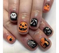 GGAUBAIFI Halloween Press on Nails Short Square Fake Nails Nude Full Cover with Ghost Spider Pumpkin Designs Acrylic Artificial Nails for Women Girls 24Pcs