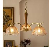 GGBBJJ 3/5 Lights Farmhouse Wood Chandelier Amber Glass Antique Vintage Ceiling Pendant Light Gold Flower Shade Round Rustic Hanging Chandelier for Dining Room Living Room Foyer Bedroom