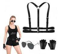 GgiAvbn Lara Croft costume, cosplay | Three-piece set made of faux leather with harness women's upper body, gloves and aviator glasses for Halloween and carnival