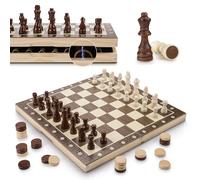 GGIE 15'' Chess Set with Checkers - Wooden Magnetic Chess Board with 2 Extra Queen & Storage Slots, Folding Travel Chess Set, Traditional Board Game for Adults & Kids
