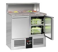 GGM Gastro Commercial Saladette Prep Fridge PREMIUM - 2 Doors - GN 1/1 Pan Well - 903×700 mm - +2 to +8 °C - Granite worktop; UK plug; GN top 5×1/6