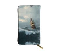 GGNKDL A ship in the storm printing Women's leather long handheld wallet large capacity credit card zipper bag