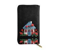 GGNKDL A small house covered with roses printing Women's leather long handheld wallet large capacity credit card zipper bag