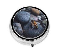GGNKDL Bee on a Rock Prints Round Mini Pill Box with 3 compartments for Pill Storage and Portable Travel