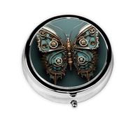 GGNKDL Blue Mechanical Butterfly Prints Round Mini Pill Box with 3 compartments for Pill Storage and Portable Travel
