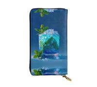 GGNKDL Blue mint drink printing Women's leather long handheld wallet large capacity credit card zipper bag