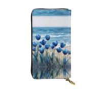 GGNKDL Blue Tulips by the Sea printing Women's leather long handheld wallet large capacity credit card zipper bag