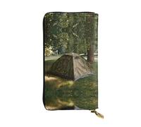 GGNKDL Camouflage tent in the forest printing Women's leather long handheld wallet large capacity credit card zipper bag