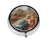 GGNKDL Cars in The Castle Prints Round Mini Pill Box with 3 compartments for Pill Storage and Portable Travel
