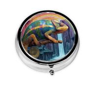 GGNKDL Chameleon and Rainbow Falls Prints Round Mini Pill Box with 3 compartments for Pill Storage and Portable Travel