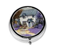 GGNKDL Cottage in Lavender Prints Round Mini Pill Box with 3 compartments for Pill Storage and Portable Travel