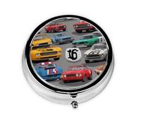 GGNKDL Crazy Retro Cars Prints Round Mini Pill Box with 3 compartments for Pill Storage and Portable Travel