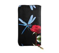 GGNKDL Dragonfly kisses rose printing Women's leather long handheld wallet large capacity credit card zipper bag