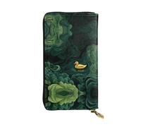 GGNKDL Ducks in the green waves printing Women's leather long handheld wallet large capacity credit card zipper bag