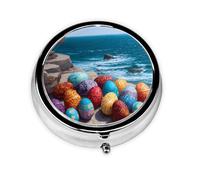 GGNKDL Easter Eggs on The Coast Prints Round Mini Pill Box with 3 compartments for Pill Storage and Portable Travel