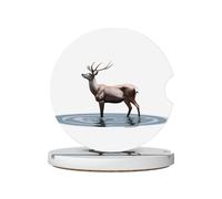 GGNKDL Elk Stepping on The Water Printing Car Coasters 2 Absorbent Ceramic Anti Slip Beverage Pads, car Decorations