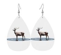 GGNKDL Elk stepping on the water Prints Water droplet pendant earrings and leather earrings, suitable as holiday birthday gifts for women