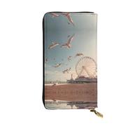 GGNKDL Ferris wheel by the sea printing Women's leather long handheld wallet large capacity credit card zipper bag