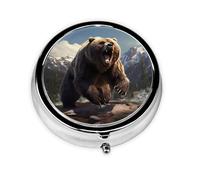 GGNKDL Fierce Grizzly Bears Prints Round Mini Pill Box with 3 compartments for Pill Storage and Portable Travel