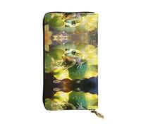 GGNKDL Frog on a Lotus Leaf printing Women's leather long handheld wallet large capacity credit card zipper bag