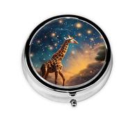 GGNKDL Giraffe Chasing Stars Prints Round Mini Pill Box with 3 compartments for Pill Storage and Portable Travel