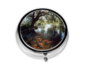 GGNKDL Goldfish Under The Willow Tree Prints Round Mini Pill Box with 3 compartments for Pill Storage and Portable Travel
