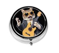 GGNKDL Guitar cat Prints Round Mini Pill Box with 3 compartments for Pill Storage and Portable Travel