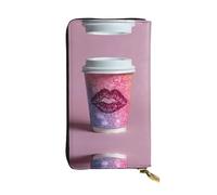 GGNKDL Lip prints on coffee cup printing Women's leather long handheld wallet large capacity credit card zipper bag