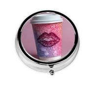 GGNKDL Lip Prints on Coffee Cup Prints Round Mini Pill Box with 3 compartments for Pill Storage and Portable Travel