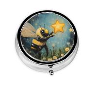 GGNKDL Little bee Picking Stars Prints Round Mini Pill Box with 3 compartments for Pill Storage and Portable Travel