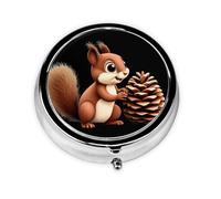 GGNKDL Little Squirrel Stealing Pine Cones Prints Round Mini Pill Box with 3 compartments for Pill Storage and Portable Travel