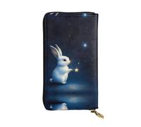 GGNKDL Little white rabbit picking stars printing Women's leather long handheld wallet large capacity credit card zipper bag