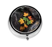 GGNKDL Maple Leaves Under Rocks Prints Round Mini Pill Box with 3 compartments for Pill Storage and Portable Travel