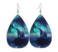 GGNKDL Northern Lights Polar Bear Prints Water droplet pendant earrings and leather earrings, suitable as holiday birthday gifts for women