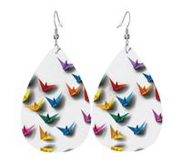 GGNKDL Origami Thousand Paper Crane Prints Water droplet pendant earrings and leather earrings, suitable as holiday birthday gifts for women