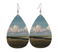 GGNKDL pasture on the grassland Prints Water droplet pendant earrings and leather earrings, suitable as holiday birthday gifts for women