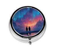 GGNKDL Penguin Under The Aurora Prints Round Mini Pill Box with 3 compartments for Pill Storage and Portable Travel