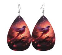 GGNKDL Pink bird in firelight Prints Water droplet pendant earrings and leather earrings, suitable as holiday birthday gifts for women