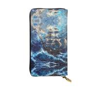 GGNKDL Pirate ship in the waves printing Women's leather long handheld wallet large capacity credit card zipper bag