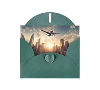 GGNKDL Plane Flying Over Tall Buildings Prints Greeting Card - High-End Pearlescent Paper With Dazzling Sparkling Effect