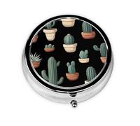 GGNKDL Potted Cactus Prints Round Mini Pill Box with 3 compartments for Pill Storage and Portable Travel