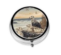GGNKDL Seals Along The Coast Prints Round Mini Pill Box with 3 compartments for Pill Storage and Portable Travel