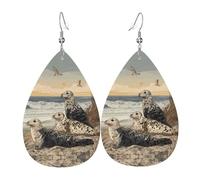 GGNKDL Seals along the coast Prints Water droplet pendant earrings and leather earrings, suitable as holiday birthday gifts for women