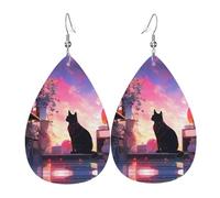 GGNKDL Silent kitten back Prints Water droplet pendant earrings and leather earrings, suitable as holiday birthday gifts for women