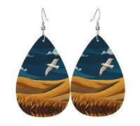 GGNKDL Skylarks fly over the wheat fields Prints Water droplet pendant earrings and leather earrings, suitable as holiday birthday gifts for women