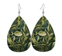 GGNKDL Small fish in seaweed Prints Water droplet pendant earrings and leather earrings, suitable as holiday birthday gifts for women