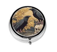 GGNKDL The Crow on The Skull Prints Round Mini Pill Box with 3 compartments for Pill Storage and Portable Travel