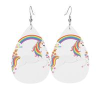 GGNKDL Unicorns across the rainbow Prints Water droplet pendant earrings and leather earrings, suitable as holiday birthday gifts for women