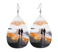 GGNKDL Walking in the sunset with hands Prints Water droplet pendant earrings and leather earrings, suitable as holiday birthday gifts for women
